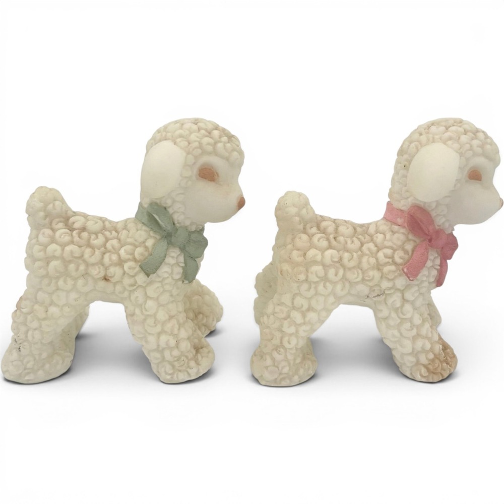 Vintage MCM Ceramic 3.5" Lamb Figurines Pair Mini Kitsch Nursery Decor Japan 50s